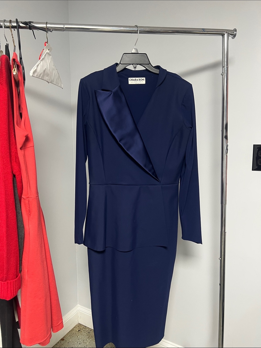Chiara Boni Navy Satin-Lapel Peplum Sheath Dress